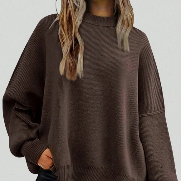 Coffee Brown Casual Women's Solid Drop Shoulder Split Hem Sweater - Picture 1 of 4